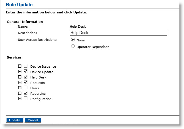 Role Update dialog box with various fields and options that can be updated, as well as an Update button and a Cancel button